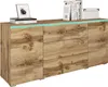 A wooden sideboard with drawers and doors, illuminated by a blue LED strip.
