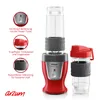 A red personal blender with accessories and feature callouts. Produktbild-Vorschau