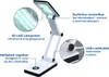 A white LED desk lamp with text callouts highlighting its features. Produktbild-Vorschau