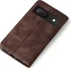 A brown leather flip case for a smartphone, shown from a diagonal angle. Produktbild-Vorschau