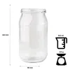 A clear glass jar with measurement indicators and weight information next to it. Produktbild-Vorschau