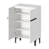 A white shoe cabinet with open doors, revealing shelves and black legs. Produktbild-Vorschau