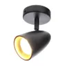 A black spotlight with a gold ring inside, mounted on a black ceiling base. Produktbild-Vorschau