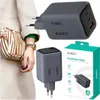 A collage of a person holding a charger, a charger, and its packaging. Náhľad obrázku produktu