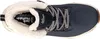 Top-down view of a blue boot with white fur lining and white and black laces. Produktbild-Vorschau