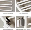 Collage of four images showcasing features of a white electric towel dryer. Produktbild-Vorschau