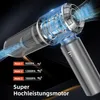 A close-up, angled view of a cordless handheld vacuum cleaner, with internal components highlighted by blue light to show airflow. Different suction modes and their corresponding power levels are displayed. Produktbild-Vorschau