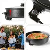 A collage of images showing an electric party pan, its temperature control, and people enjoying food and drinks at an outdoor gathering. Anteprima dell’immagine prodotto
