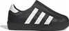 A black Adidas shoe with white stripes on a white background. Voir les images du produit