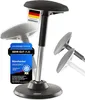 A product image of an ergonomic stool with marketing overlays and certifications. Produktbild-Vorschau