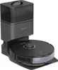 A black robot vacuum cleaner with its charging and emptying station. Produktbild-Vorschau