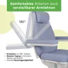 A close-up of a blue and white medical or cosmetic chair, with an overlay indicating adjustable armrests. Produktbild-Vorschau