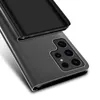 A close-up view of a black flip case for a Samsung Galaxy S23 Ultra, showing the camera module. Produktbild-Vorschau