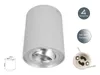 A white cylindrical LED ceiling light with a silver interior and a diagram showing its dimensions. Produktbild-Vorschau