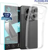 A smartphone with a transparent case and screen protector, presented with marketing text. Produktbild-Vorschau