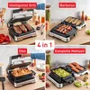 A collage of four images showing different uses of a multi-functional grill, with text overlays indicating each function. Produktbild-Vorschau