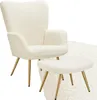 A cream-colored boucle armchair and ottoman with gold legs, presented against a white background. Náhled obrázku produktu