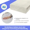 A close-up of a beige fitted sheet with a hand touching it, accompanied by marketing text and a 'Made in EU' logo. Produktbild-Vorschau