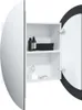 A white bathroom cabinet with a round mirror and open doors, displaying toiletries on shelves. Náhled obrázku produktu