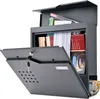 A gray metal mailbox with its door open, revealing mail and documents inside. A newspaper is visible in a lower compartment. Produktbild-Vorschau