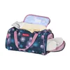 A duffel bag with a colorful pattern, open and showing contents. Voir les images du produit