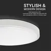 Close-up of a white round LED ceiling light with text overlay describing its design. Náhled obrázku produktu