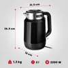 A black electric kettle with silver accents, shown with dimensions and specifications overlaid. Podgląd zdjęcia produktu