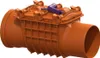 A 3D render of an orange backwater valve with a purple lever. Produktbild-Vorschau