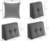 A collage of images showing different sizes and configurations of gray wedge pillows, with dimensions indicated by measurement lines and text. Produktbild-Vorschau