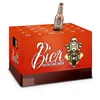 An advent calendar for beer, shaped like a beer crate, with a bottle sticking out of the top and a graphic of Santa on a motorcycle on the side. Produktbild-Vorschau