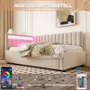 A bed with LED lighting and a smartphone app interface shown below. Náhled obrázku produktu