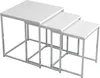 A set of three nesting tables with white tops and silver metal frames, displayed against a white background. Produktbild-Vorschau