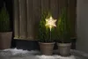 Two potted evergreen trees stand in front of a wooden wall, with one tree adorned with a glowing star-shaped light. Podgląd zdjęcia produktu