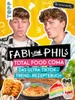 Two young men are featured in the foreground, with food items like spaghetti, corn dogs, and cake displayed below. The background is a bright yellow with graphic elements. Produktbild-Vorschau