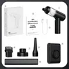 A collage of images showing a car vacuum cleaner and its accessories, along with packaging and a manual. Podgląd zdjęcia produktu