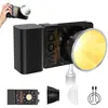 A product shot of a portable LED video light with accessories, and a hand holding a smaller version of the light. Produktbild-Vorschau