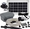A collection of solar-powered water pump components, including a solar panel, pump, tubing, and LED light, laid out on a white background. Produktbild-Vorschau