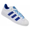 A white Adidas Campus sneaker with blue accents and laces, shown against a white background. Podgląd zdjęcia produktu
