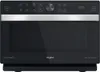 A front view of a black Whirlpool microwave oven with a silver trim. Produktbild-Vorschau
