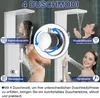 A collage of four different shower modes of a shower panel system, with text descriptions and a central diagram. Náhled obrázku produktu
