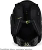 The back view of a black backpack with yellow accents and branding. Podgląd zdjęcia produktu