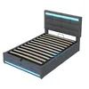 A gray upholstered bed frame with a headboard featuring LED lighting, shown from a diagonal angle against a white background. The bed frame has built-in storage and a wooden slat base. Voir les images du produit