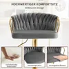 A bar stool with a gold frame and gray velvet upholstery, shown with close-up insets highlighting its features. Produktbild-Vorschau
