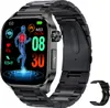 A black smartwatch with a metal band is displayed against a black background. A second, black silicone band is shown separately to the right.