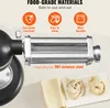 A close-up of a pasta maker attachment for a stand mixer, with text highlighting its food-grade materials and features. Freshly made pasta is shown in the foreground. Produktbild-Vorschau