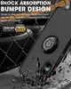 A black phone case with a ring holder is shown on a textured surface, with debris scattering around it, suggesting it has been dropped. Produktbild-Vorschau