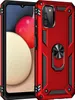 A red protective phone case with a ring holder is shown on a white background, with a portion of a smartphone visible. Produktbild-Vorschau