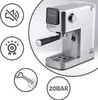 A silver espresso machine with black accents, shown with marketing icons on the left and bottom right. Anteprima dell’immagine prodotto