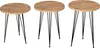 Three round side tables with wooden tops and black metal hairpin legs are displayed against a white background. Podgląd zdjęcia produktu