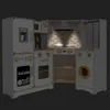 A toy corner kitchen set with various appliances and accessories, illuminated by built-in LED lights. Produktbild-Vorschau